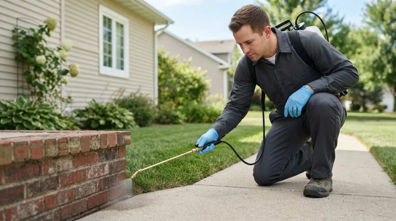 Pest control technician treating a home near Strasburg, MO