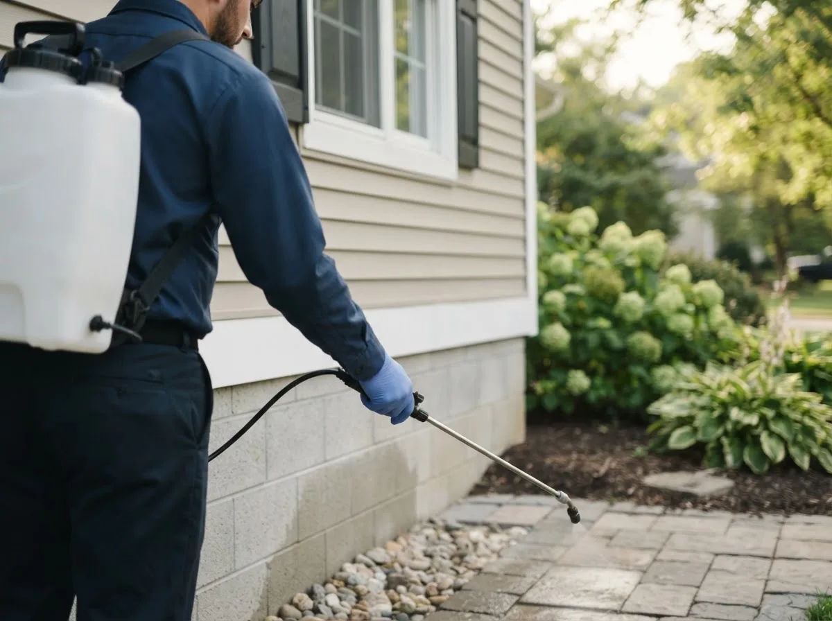 Pest control technician inspecting a home in Strasburg, MO